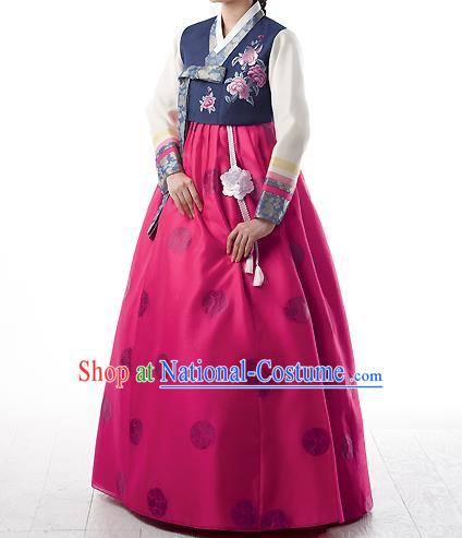 Asian Korean National Handmade Formal Occasions Wedding Bride Clothing Embroidered Purple Blouse and Pink Dress Palace Hanbok Costume for Women