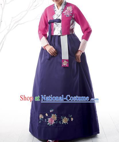 Asian Korean National Handmade Formal Occasions Wedding Bride Clothing Embroidered Pink Blouse and Purple Dress Palace Hanbok Costume for Women