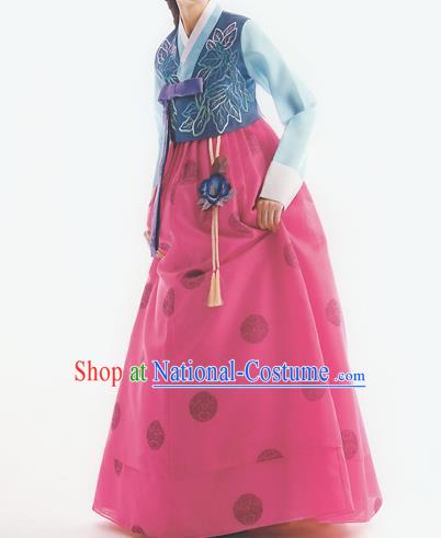 Korean National Handmade Formal Occasions Wedding Bride Clothing Embroidered Blue Blouse and Rosy Dress Palace Hanbok Costume for Women