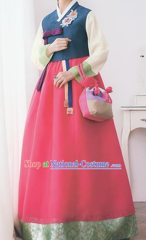 Korean National Handmade Formal Occasions Wedding Bride Clothing Embroidered Navy Blouse and Red Dress Palace Hanbok Costume for Women