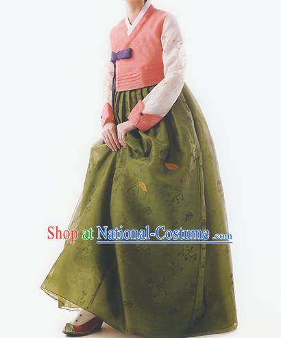 Korean National Handmade Formal Occasions Wedding Bride Clothing Embroidered Pink Blouse and Green Dress Palace Hanbok Costume for Women