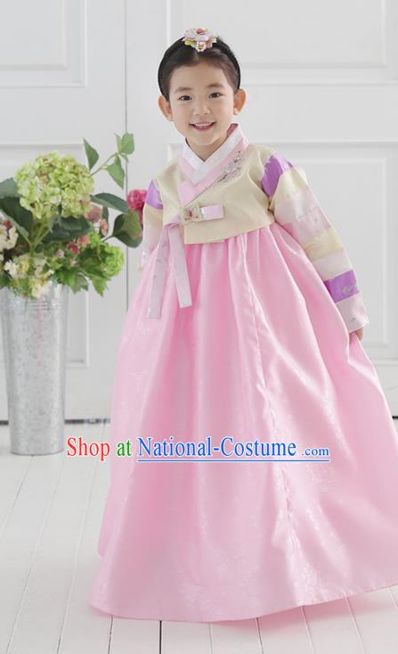 Korean National Handmade Formal Occasions Wedding Bride Clothing Embroidered Beige Blouse and Pink Dress Palace Hanbok Costume for Kids