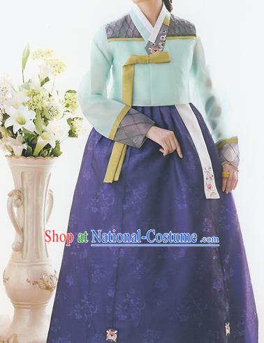 Korean National Handmade Formal Occasions Wedding Bride Clothing Embroidered Green Blouse and Blue Dress Palace Hanbok Costume for Women