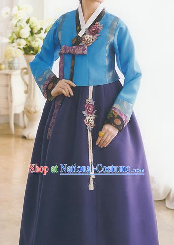 Korean National Handmade Formal Occasions Wedding Bride Clothing Embroidered Blue Blouse and Purple Dress Palace Hanbok Costume for Women