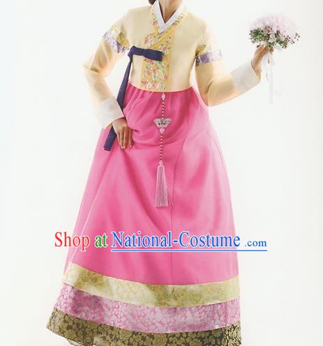 Korean National Handmade Formal Occasions Wedding Bride Clothing Embroidered Yellow Blouse and Pink Dress Palace Hanbok Costume for Women