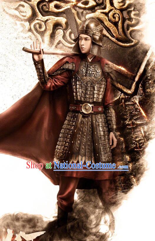 Traditional Chinese Southern and Northern Dynasties General Helmet and Armour Ancient Costume for Men