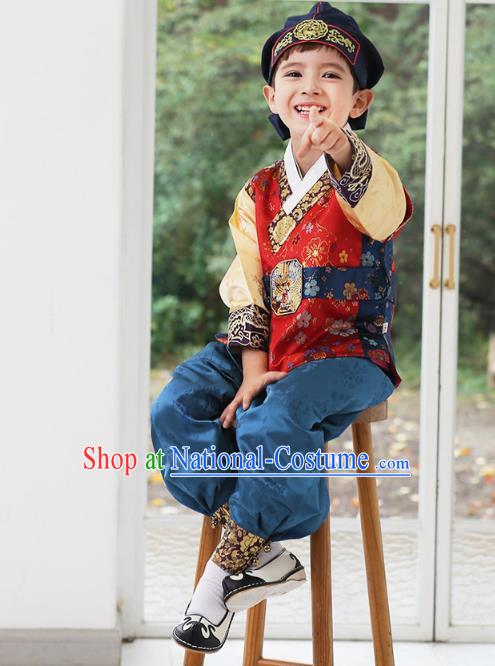 Asian Korean National Traditional Handmade Formal Occasions Boys Embroidery Red Vest Hanbok Costume Complete Set for Kids