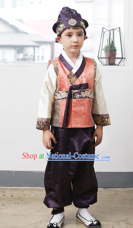 Asian Korean National Traditional Handmade Formal Occasions Boys Embroidery Orange Vest Hanbok Costume Complete Set for Kids