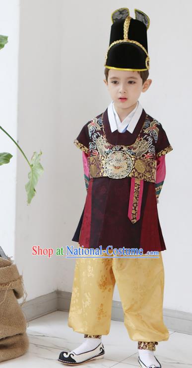 Asian Korean National Traditional Handmade Formal Occasions Boys Embroidery Wine Red Vest Hanbok Costume Complete Set for Kids