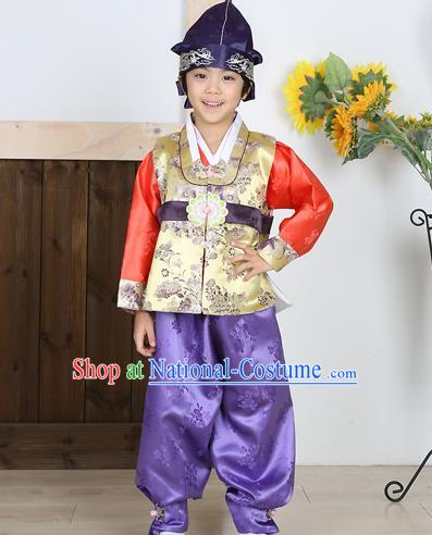 Asian Korean National Traditional Handmade Formal Occasions Boys Embroidery Golden Vest Hanbok Costume Complete Set for Kids