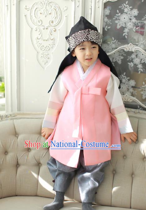 Asian Korean National Traditional Handmade Formal Occasions Boys Embroidery Pink Vest Hanbok Costume Complete Set for Kids