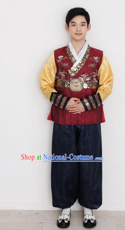 Asian Korean National Traditional Handmade Formal Occasions Bridegroom Embroidery Red Vest Hanbok Costume Complete Set for Men