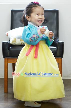 Asian Korean National Handmade Formal Occasions Wedding Bride Clothing Embroidered Blue Blouse and Yellow Dress Palace Hanbok Costume for Kids