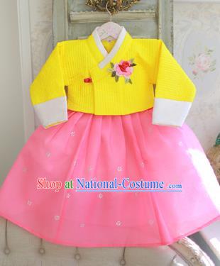 Asian Korean National Handmade Formal Occasions Clothing Embroidered Yellow Blouse and Pink Dress Palace Hanbok Costume for Kids