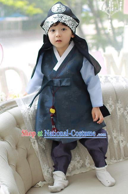 Asian Korean National Traditional Handmade Formal Occasions Boys Embroidery Navy Vest Hanbok Costume Complete Set for Kids