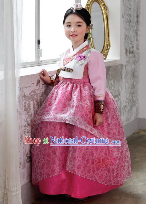 Asian Korean National Handmade Formal Occasions Wedding Bride Clothing Embroidered Blouse and Pink Dress Palace Hanbok Costume for Kids