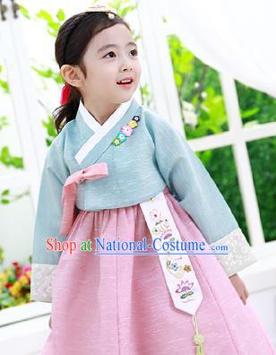 Asian Korean National Handmade Formal Occasions Clothing Embroidered Blue Blouse and Pink Dress Palace Hanbok Costume for Kids