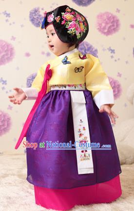 Asian Korean National Handmade Formal Occasions Clothing Embroidered Yellow Blouse and Purple Dress Palace Hanbok Costume for Kids