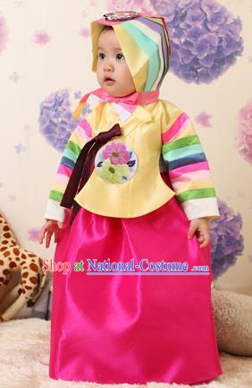 Asian Korean National Handmade Formal Occasions Clothing Embroidered Yellow Blouse and Rosy Dress Palace Hanbok Costume for Kids