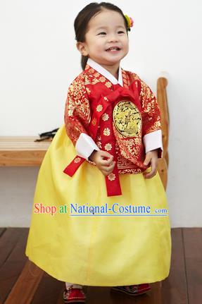 Asian Korean National Handmade Formal Occasions Clothing Embroidered Red Blouse and Yellow Dress Palace Hanbok Costume for Kids