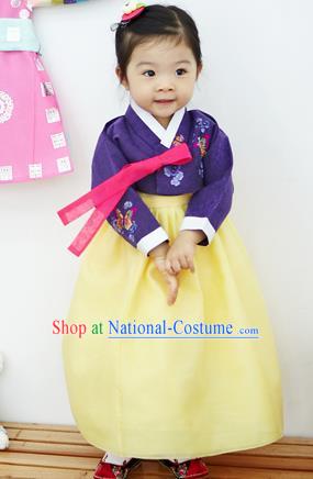 Asian Korean National Handmade Formal Occasions Clothing Embroidered Purple Blouse and Yellow Dress Palace Hanbok Costume for Kids