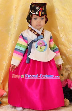 Asian Korean National Handmade Formal Occasions Clothing Embroidered Yellow Blouse and Rosy Dress Palace Hanbok Costume for Kids