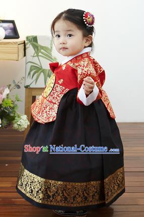 Asian Korean National Handmade Formal Occasions Clothing Embroidered Red Blouse and Black Dress Palace Hanbok Costume for Kids