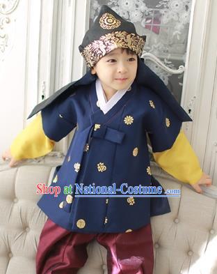 Asian Korean National Traditional Handmade Formal Occasions Boys Embroidery Navy Vest Hanbok Costume Complete Set for Kids