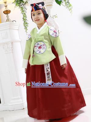 Asian Korean National Handmade Formal Occasions Wedding Clothing Green Blouse and Red Dress Palace Hanbok Costume for Kids