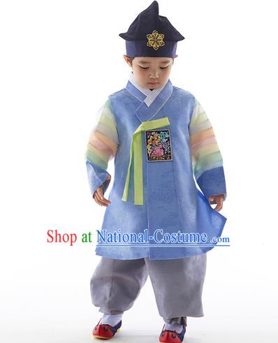 Asian Korean National Traditional Handmade Formal Occasions Boys Embroidery Blue Vest Hanbok Costume Complete Set for Kids