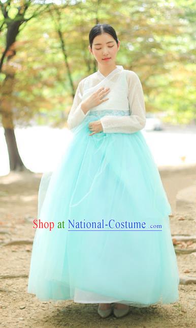 Korean National Handmade Formal Occasions Bride Clothing Hanbok Costume White Blouse and Blue Dress for Women