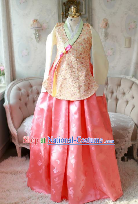 Korean National Handmade Formal Occasions Bride Clothing Hanbok Costume Embroidered Yellow Blouse and Pink Dress for Women