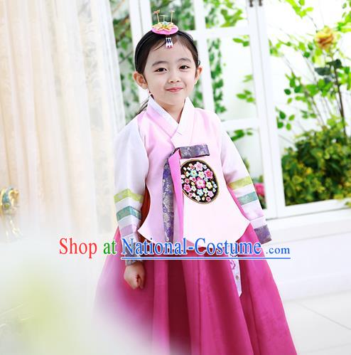 Korean National Handmade Formal Occasions Girls Hanbok Costume Embroidered Pink Blouse and Red Dress for Kids