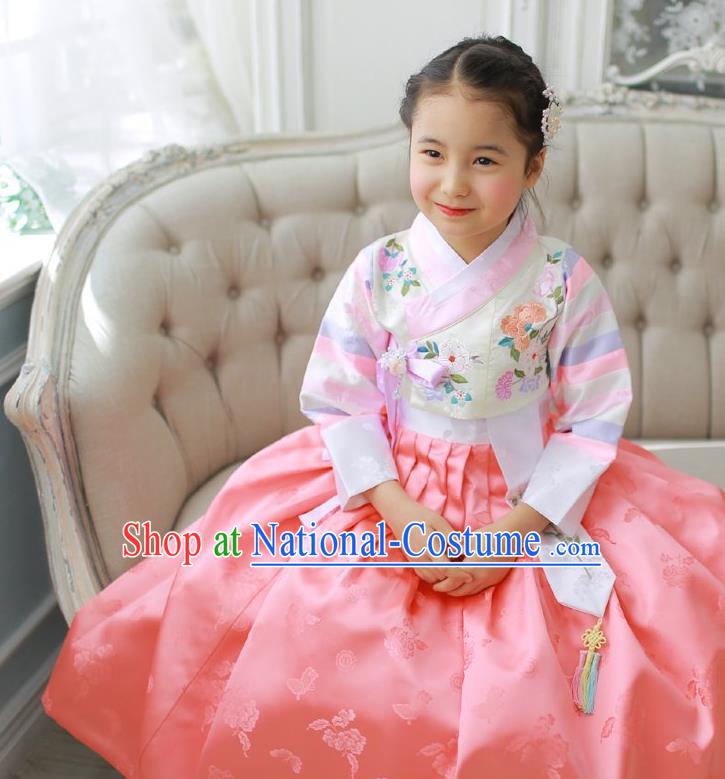 Korean National Handmade Formal Occasions Girls Hanbok Costume Embroidered White Blouse and Pink Dress for Kids