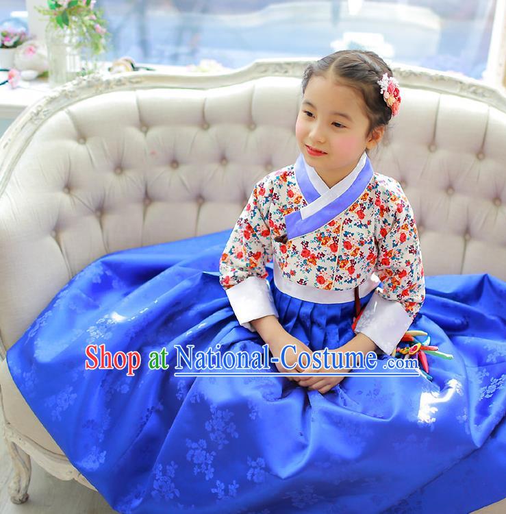 Korean National Handmade Formal Occasions Girls Hanbok Costume Embroidered Blouse and Blue Dress for Kids