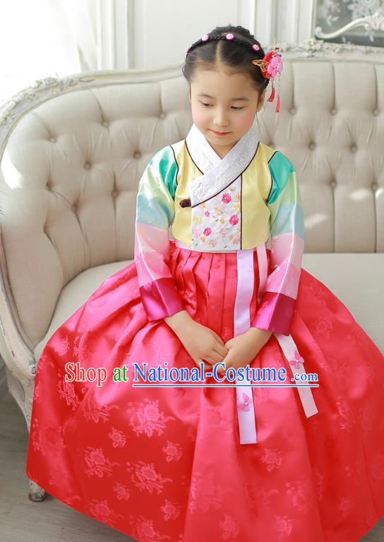 Korean National Handmade Formal Occasions Girls Hanbok Costume Embroidered Yellow Blouse and Red Dress for Kids