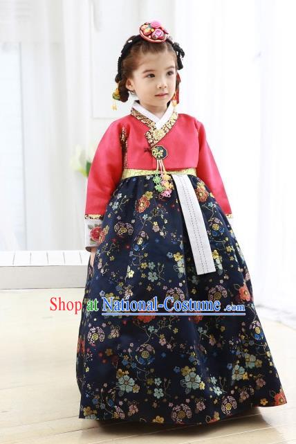 Korean National Handmade Formal Occasions Girls Hanbok Costume Embroidered Red Blouse and Navy Dress for Kids