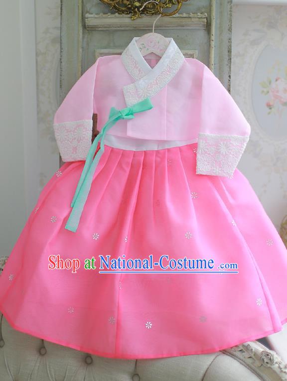 Korean National Handmade Formal Occasions Girls Hanbok Costume Embroidered Pink Blouse and Dress for Kids