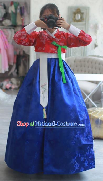 Korean National Handmade Formal Occasions Bride Clothing Hanbok Costume Embroidered Red Blouse and Blue Dress for Women