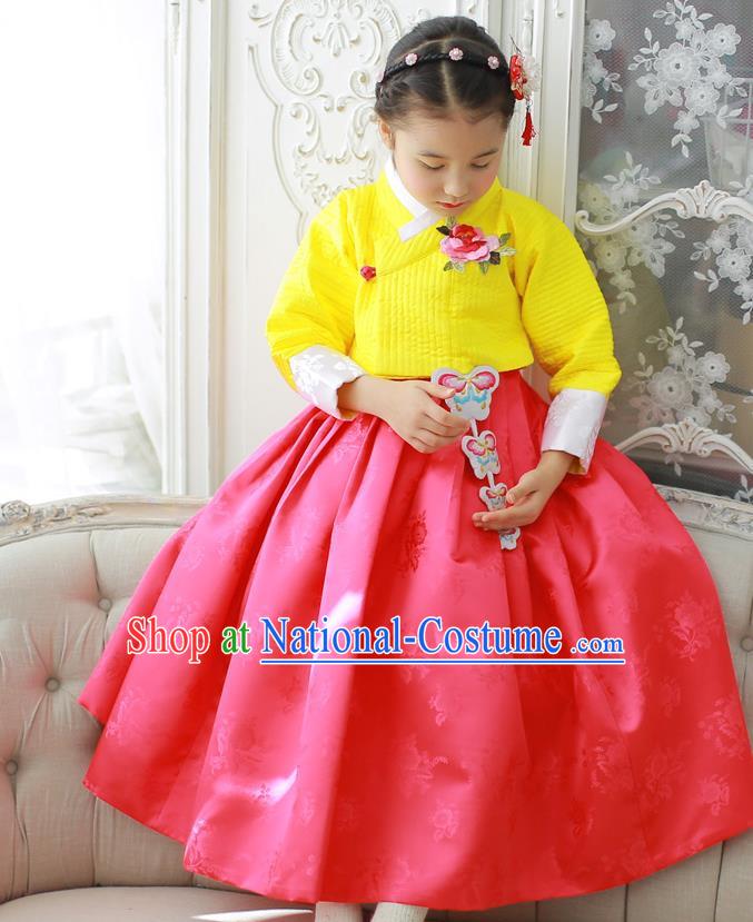 Korean National Handmade Formal Occasions Girls Hanbok Costume Embroidered Yellow Blouse and Red Dress for Kids