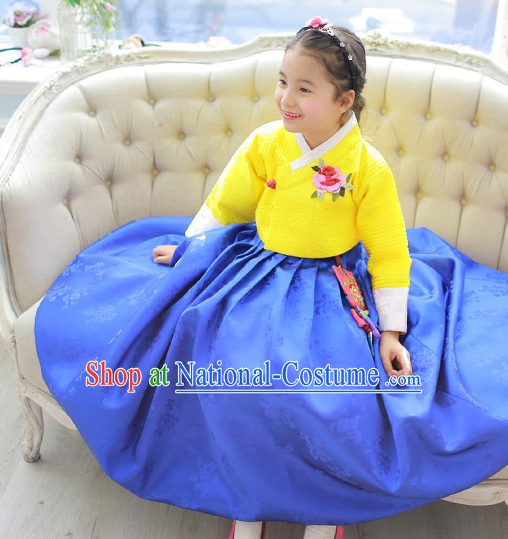 Korean National Handmade Formal Occasions Girls Hanbok Costume Embroidered Yellow Blouse and Blue Dress for Kids