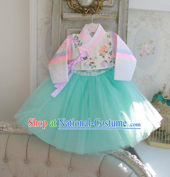 Korean National Handmade Formal Occasions Girls Hanbok Costume Embroidered White Blouse and Green Veil Dress for Kids