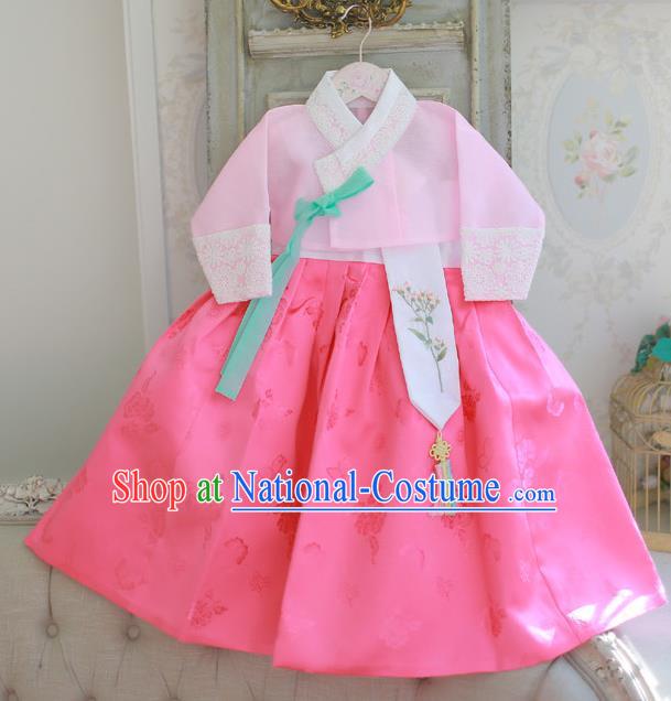 Korean National Handmade Formal Occasions Girls Hanbok Costume Embroidered Pink Blouse and Dress for Kids