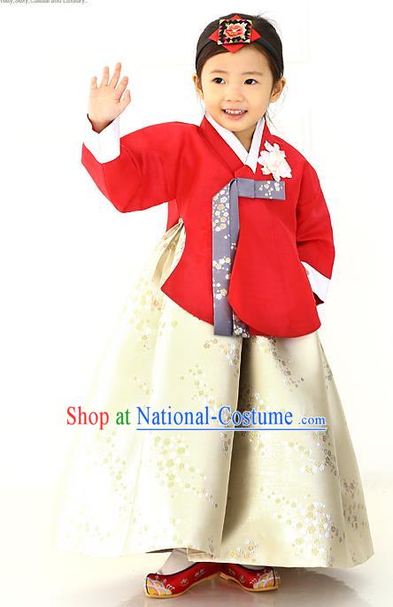 Korean National Handmade Formal Occasions Girls Hanbok Costume Embroidered Red Blouse and Yellow Dress for Kids