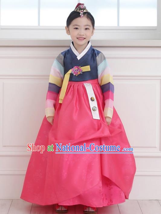 Asian Korean National Handmade Formal Occasions Wedding Girls Clothing Embroidered Navy Blouse and Pink Dress Palace Hanbok Costume for Kids