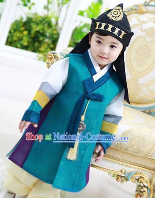 Asian Korean National Traditional Handmade Formal Occasions Boys Embroidery Green Vest Hanbok Costume Complete Set for Kids