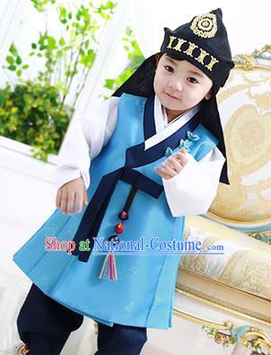 Asian Korean National Traditional Handmade Formal Occasions Boys Embroidery Blue Vest Hanbok Costume Complete Set for Kids