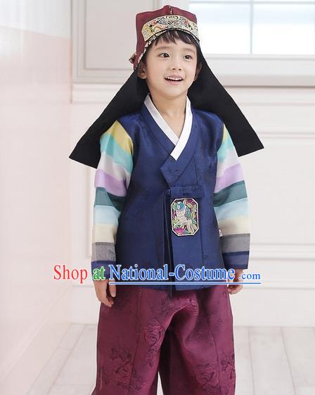 Asian Korean National Traditional Handmade Formal Occasions Boys Embroidery Navy Vest Hanbok Costume Complete Set for Kids