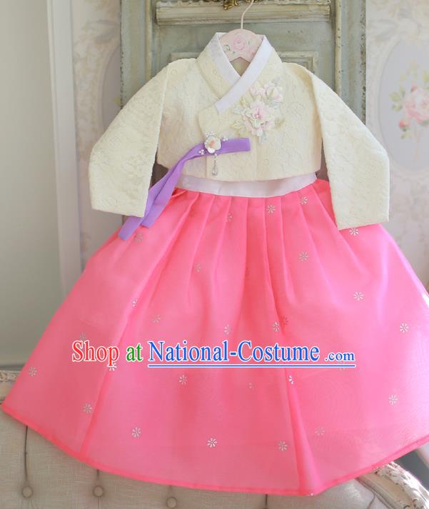 Korean National Handmade Formal Occasions Bride Clothing Hanbok Costume Embroidered White Blouse and Pink Dress for Kids