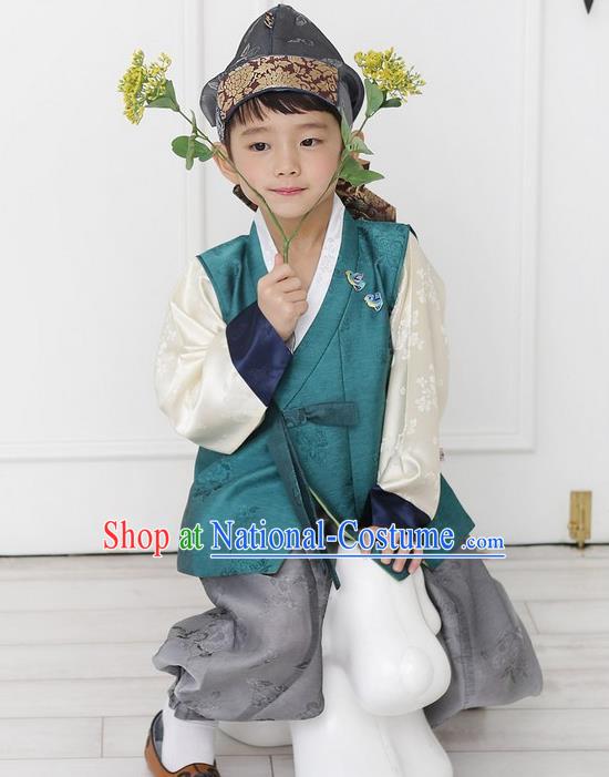 Asian Korean National Traditional Handmade Formal Occasions Boys Embroidery Green Vest Hanbok Costume Complete Set for Kids